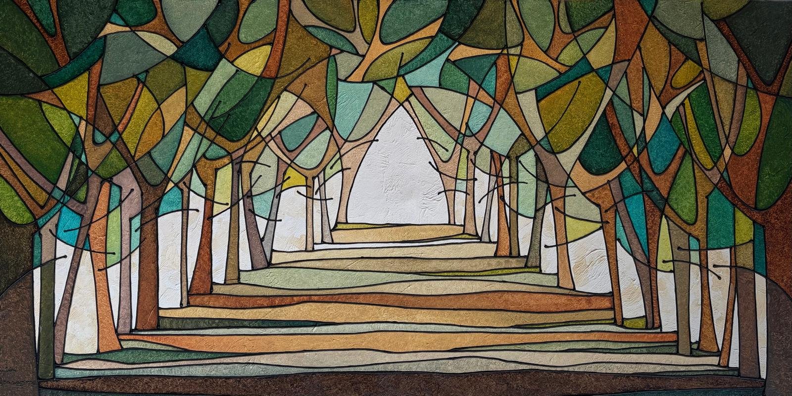 Cuadro contemporáneo en relieve con paisaje de árboles estilizados en tonos verdes, turquesa, ocre y tierra, realizado en acrílico y arena sobre lienzo.
